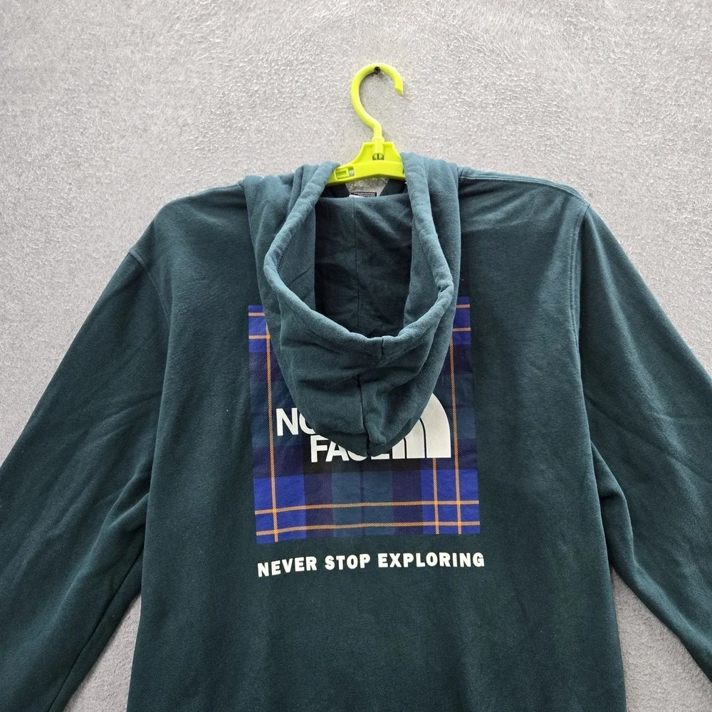 The‎ North Face Men Hoodie L Teal Graphic Fleece Logo Plaid Activewear Long